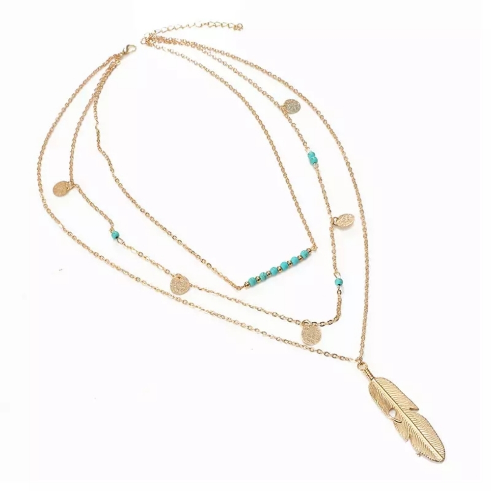 NEW Boho Turquoise Silver Feather Layered Necklace - Picture 6 of 8